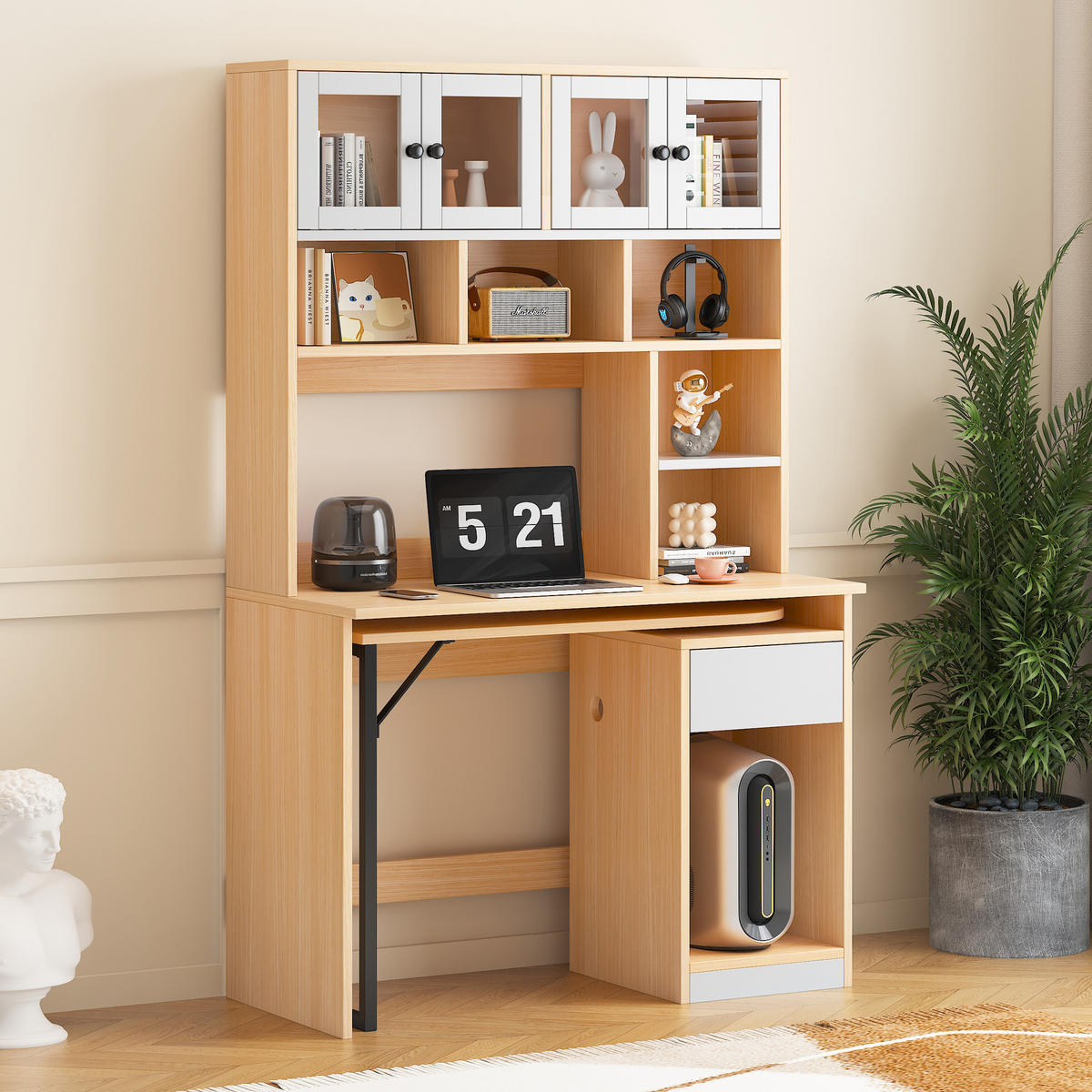 SCHRANKSCHREIBTISCH ARBEITSTISCH in Naturfarben Computertisch Schreibtisch mit Regal Schrank, Stauraum ,B110/T55/H180cm - Transparent/Naturfarben, Holzwerkstoff (55/110/180cm) - STILVORA