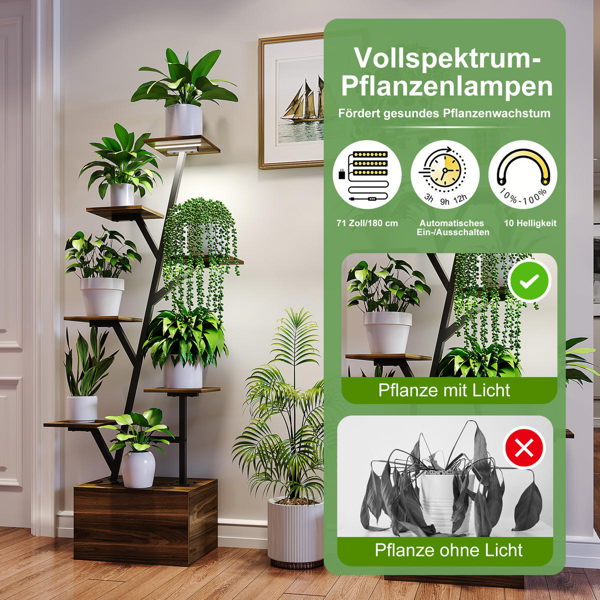 PFLANZENREGAL Tigerholz, LED-Wachstumslicht, Stauraum, 2er-Set pro Paket - Braun, Metall (40/140/30cm) - EuroLiving