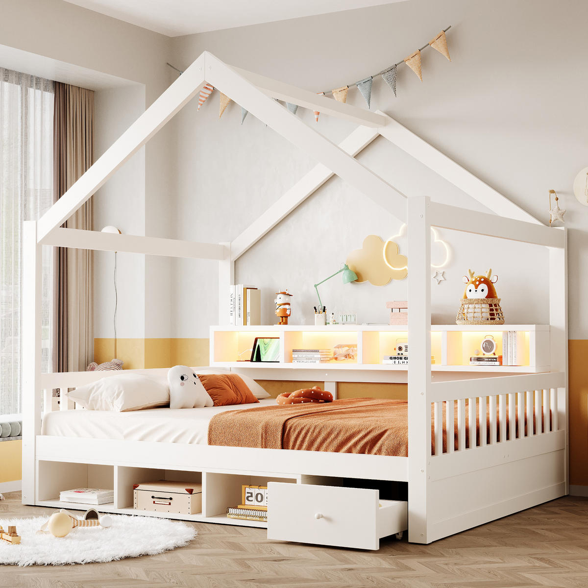 HAUSBETT 140/200 cm mit Dachrahmen, Stauraum und LED, DE-41651, in Weiß - Weiß, Holzwerkstoff (140/200cm) - ComfortXL