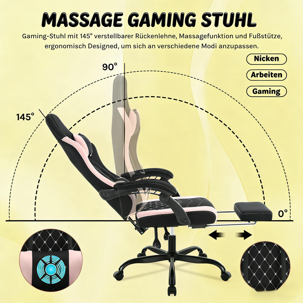 GAMINGSTUHL Schwarz/Pink 70/70/127 cm - Schwarz, Metall (70/127/70cm) - PANGIVO