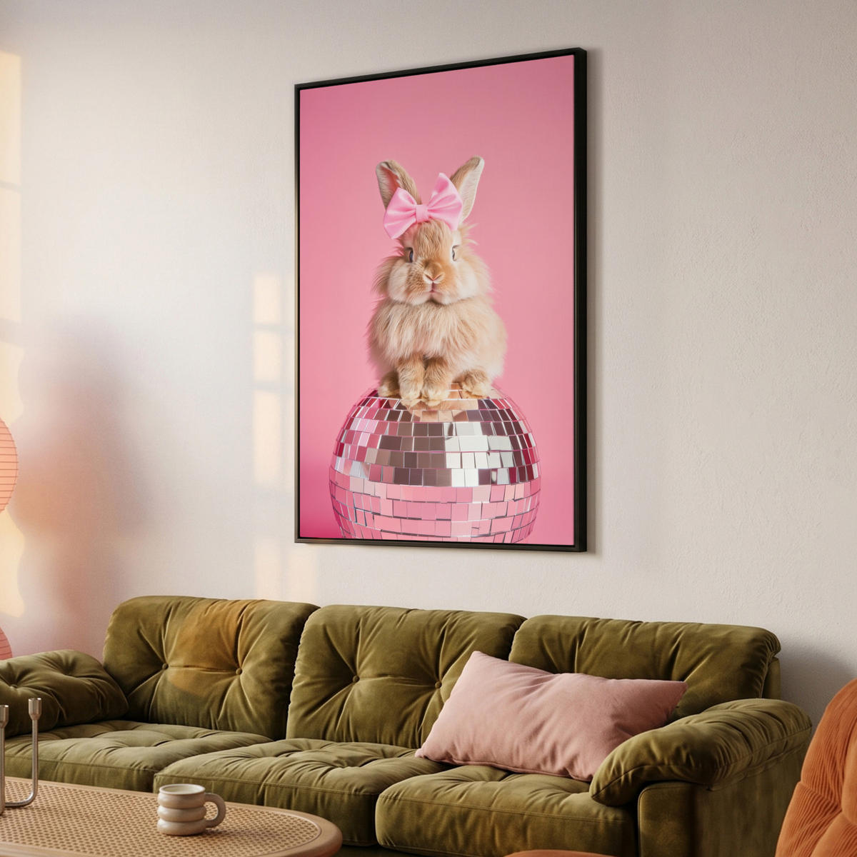 LEINWAND Bilder mit Rahmen - Schleife - Discoball - Kaninchen - 80x120 - Pink, Textil (80/120cm) - MuchoWow