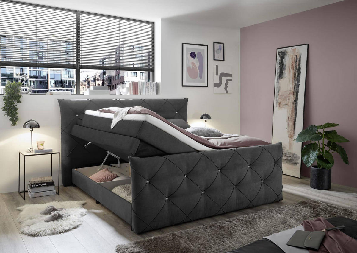 BOXSPRINGBETT 180 x 200 – Bonell-Box, 7-Zonen-Taschenfederkern & 6 cm Gel-Topper - Anthrazit, Textil (180/200cm) - ed exciting design
