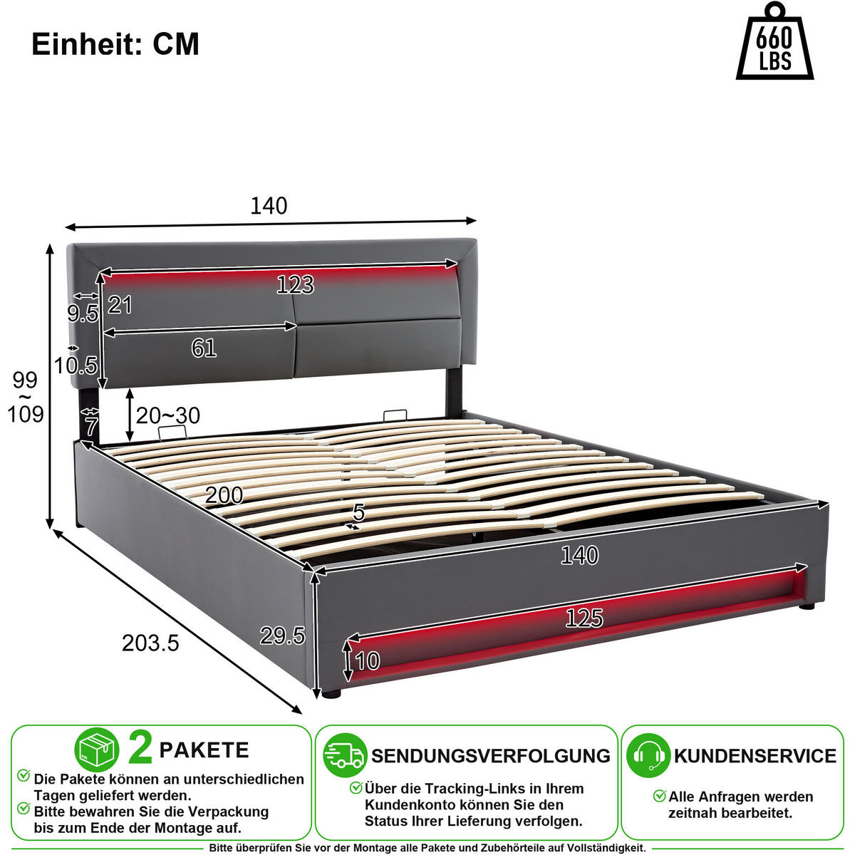 POLSTERBETT 140/200 cm in Grau mit Stauraum, LED und USB Kunstleder - Grau, Holzwerkstoff/Textil (140/200cm) - CHICFURN