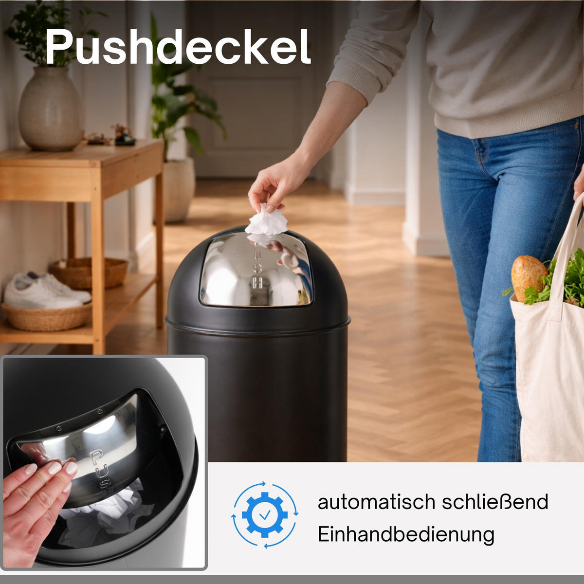 MÜLLEIMER 38 Liter mit Push Klappe Matt Schwarz - Schwarz, Metall (35.5/74/35.5cm) - PROREGAL