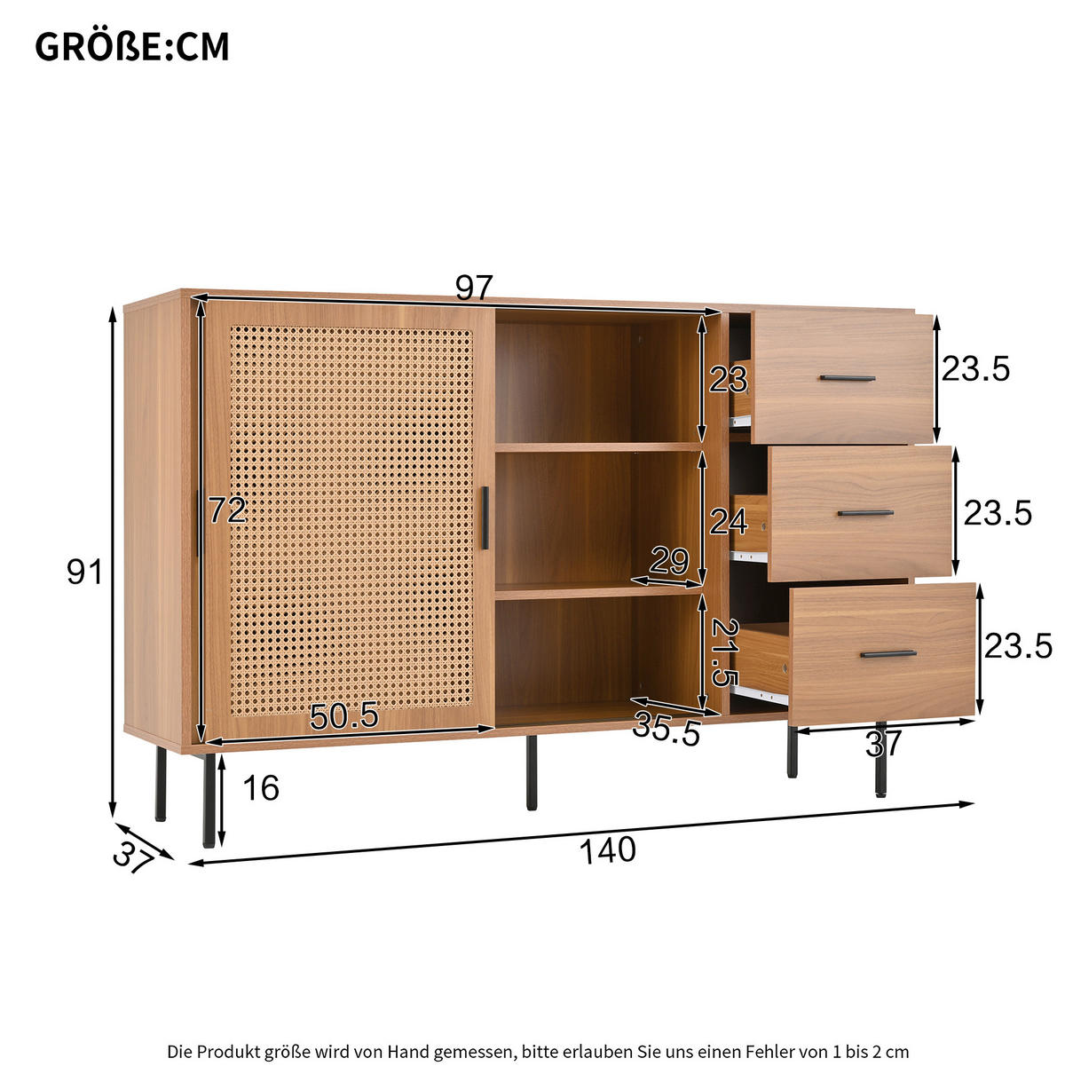 SIDEBOARD 140/37/91 cm mit 2 Schiebetüren & 3 Schubladen in Natur - Naturfarben, Holzwerkstoff (140/91/37cm) - BEAOK