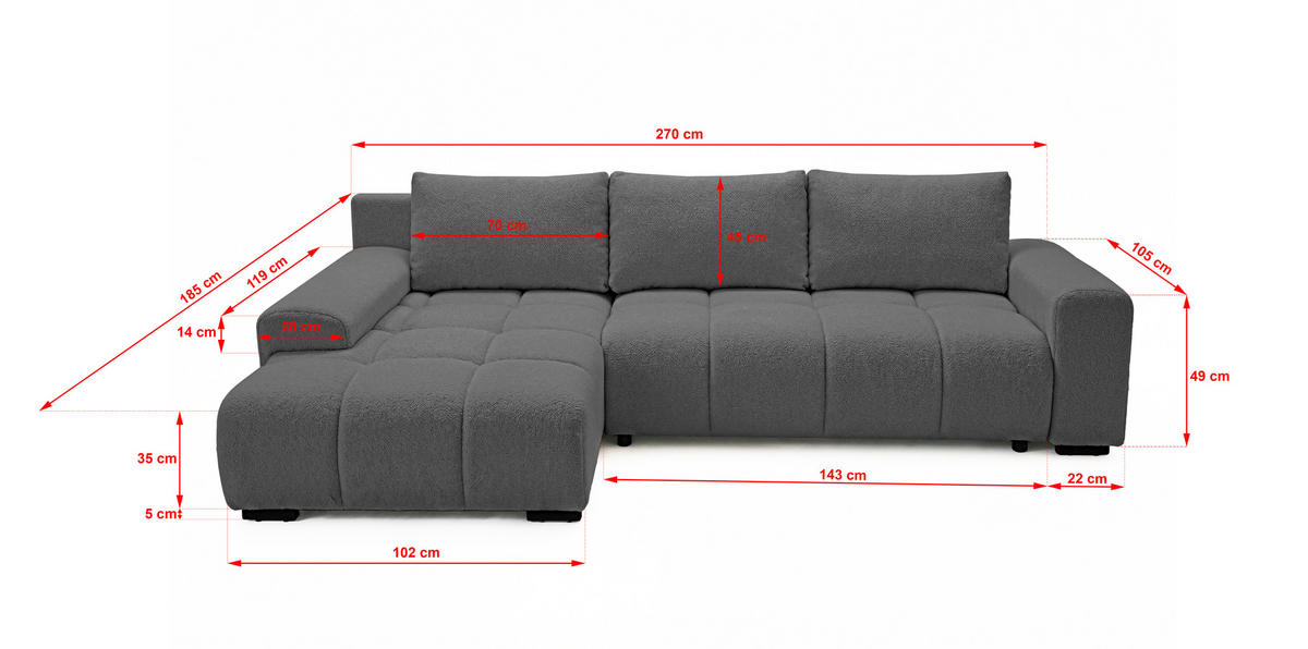 ECKSOFA Ovia mit Bettkasten und Schlaffunktion, Bouclé-Stoff in L-Form - Dunkelgrau, Textil (270/185cm)