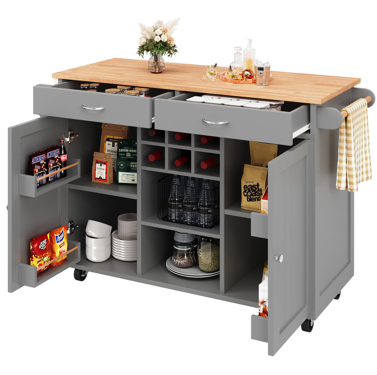 KÜCHENINSEL 102/45/92 cm aus MDF und Metall mit verstellbarem Stauraum und Rollen Grau - Grau, Holzwerkstoff (102/92/45cm) - Modenvie