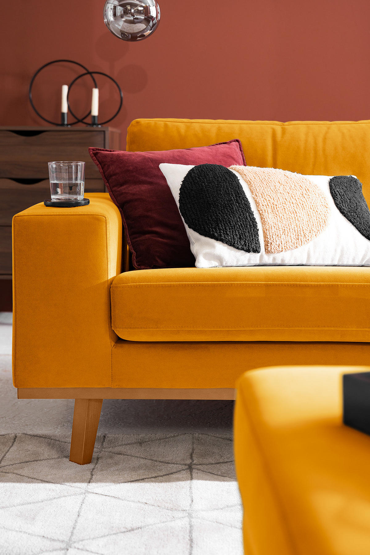 ECKSOFA mit Ottomane - Gelb/Buchefarben, Buchenholz/Textil (287/219cm) - home24