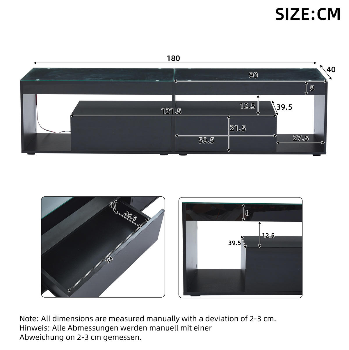 TV-ELEMENT mit LED 180 x 40 x 46 cm Schwarz Hochglanz 2 Schubladen - Schwarz, Holzwerkstoff (40/46/180cm) - Beauniv