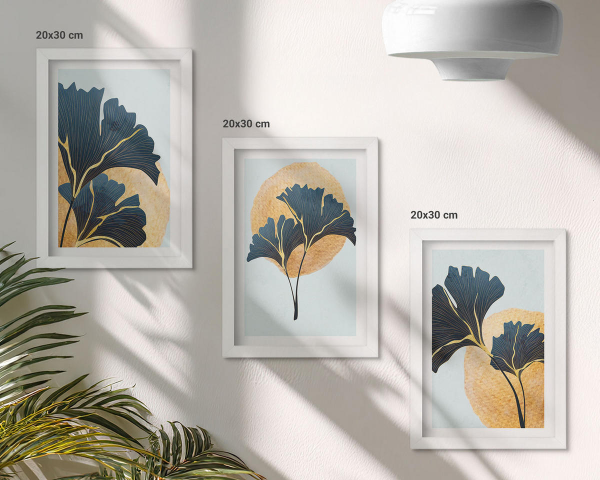 BILDER SET 3er Set - 20x30 cm Weißer Rahmen - Ginkgoblätter, heller Hintergrund - Weiß, Kunststoff (20/30cm) - TULUP