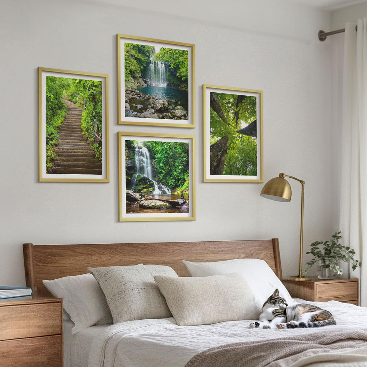 WANDBILDER 4er Set - 50x50 cm & 40x60 cm Goldrahmen - Pfad Wald Wasserfall Vegetation - Goldfarben, Kunststoff (50/50cm) - ArtPrintCave