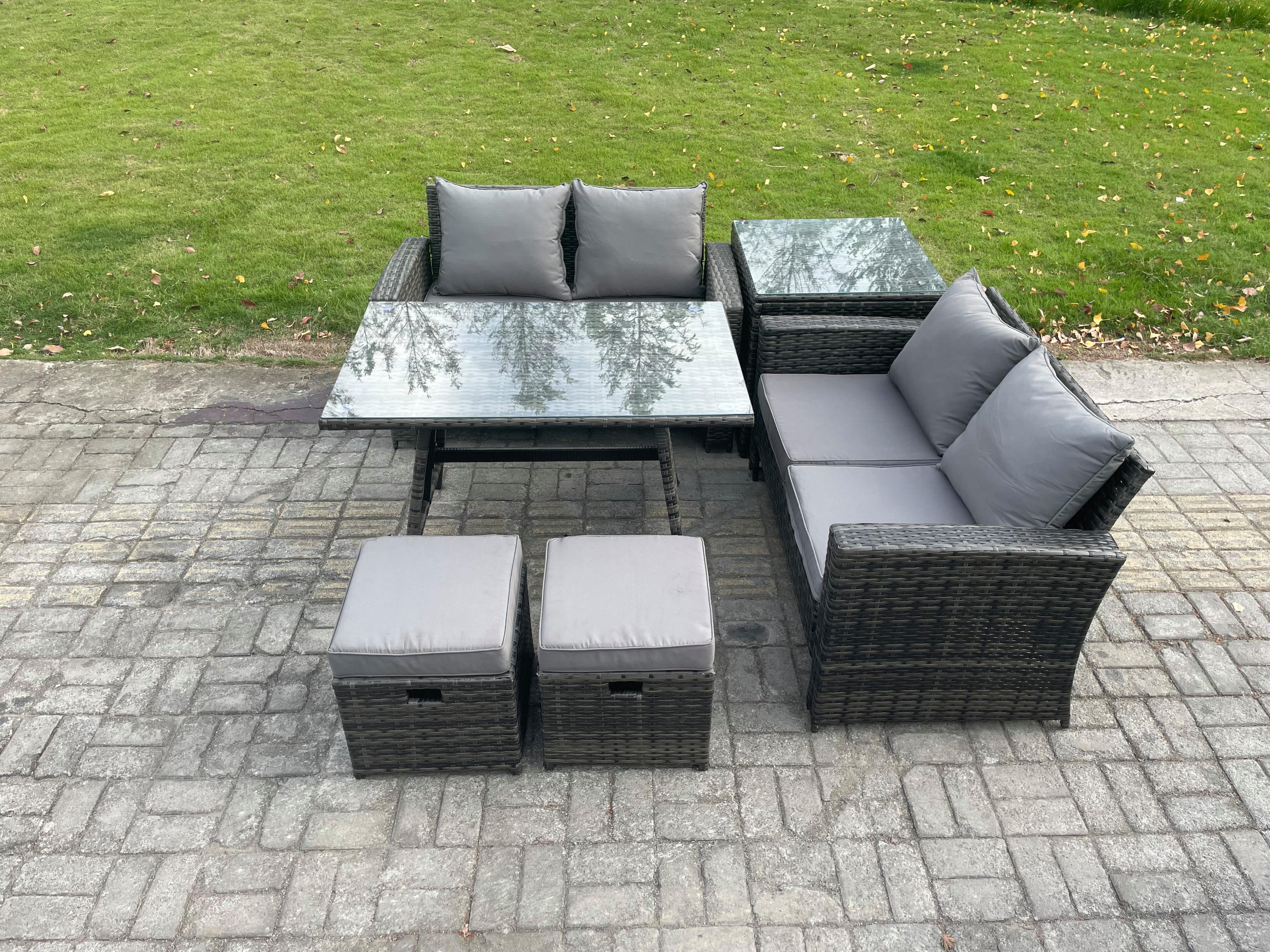 GARTENMÖBELSET mit ESSTISCH,HOCHLEHNER-SOFA Polyrattan Dunkelgrauer Mix 6-Sitzer - Dunkelgrau/Grau, Glas/Kunststoff - Fimous