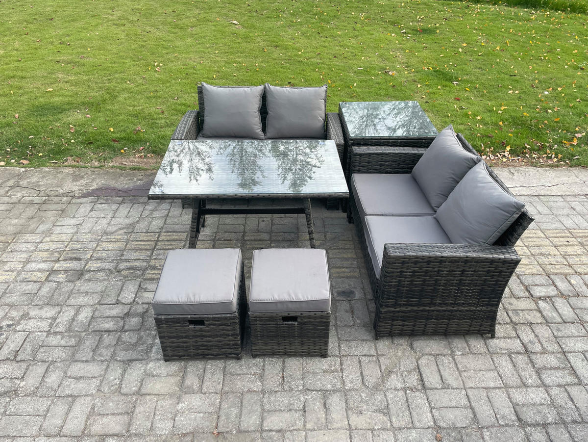 GARTENMÖBELSET mit ESSTISCH,HOCHLEHNER-SOFA Polyrattan Dunkelgrauer Mix 6-Sitzer - Dunkelgrau/Grau, Glas/Kunststoff - Fimous