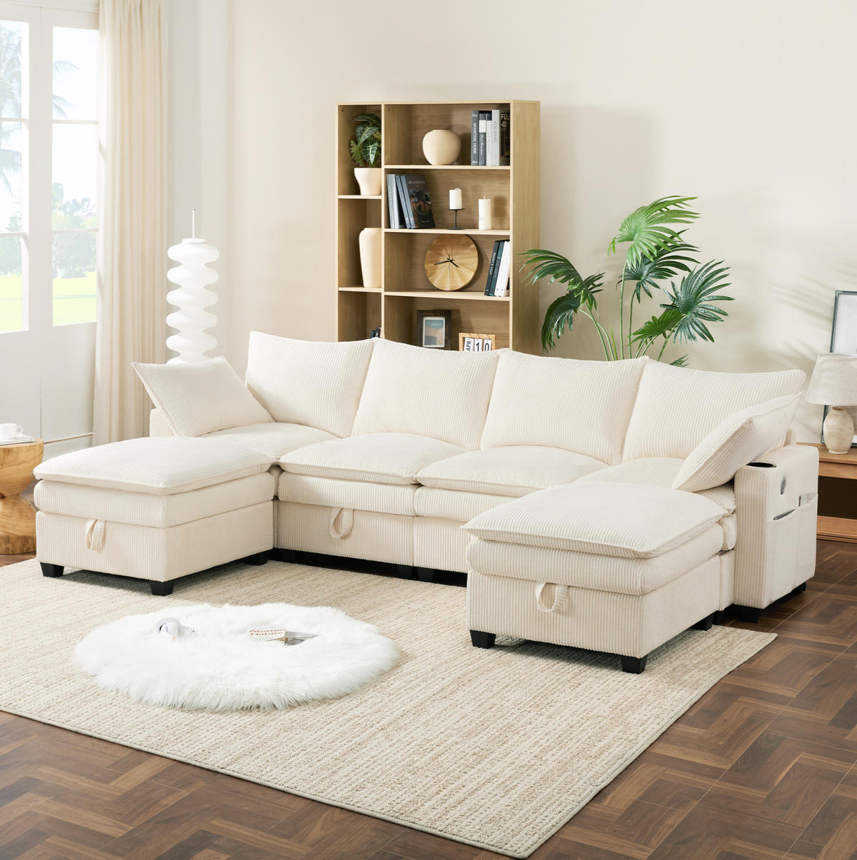 ECKSOFA Modulares 5-6-Sitzer mit Fußhocker und USB-Anschlüssen Cord Beige 280/151/82 cm - Beige, Textil (280/152cm) - OKWISH