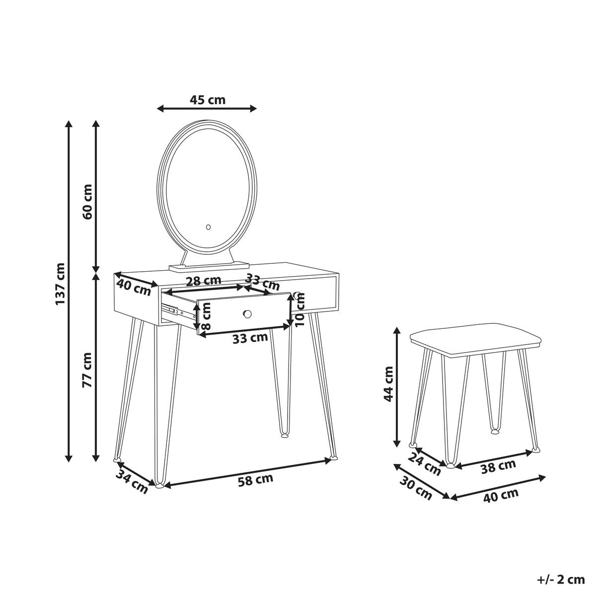 SCHMINKTISCH mit ovalem LED-Spiegel Hocker 2 Schubladen dunkler Holzfarbton/schwarz Loix - Dunkelbraun/Schwarz, Holzwerkstoff (80/137/40cm) - Beliani