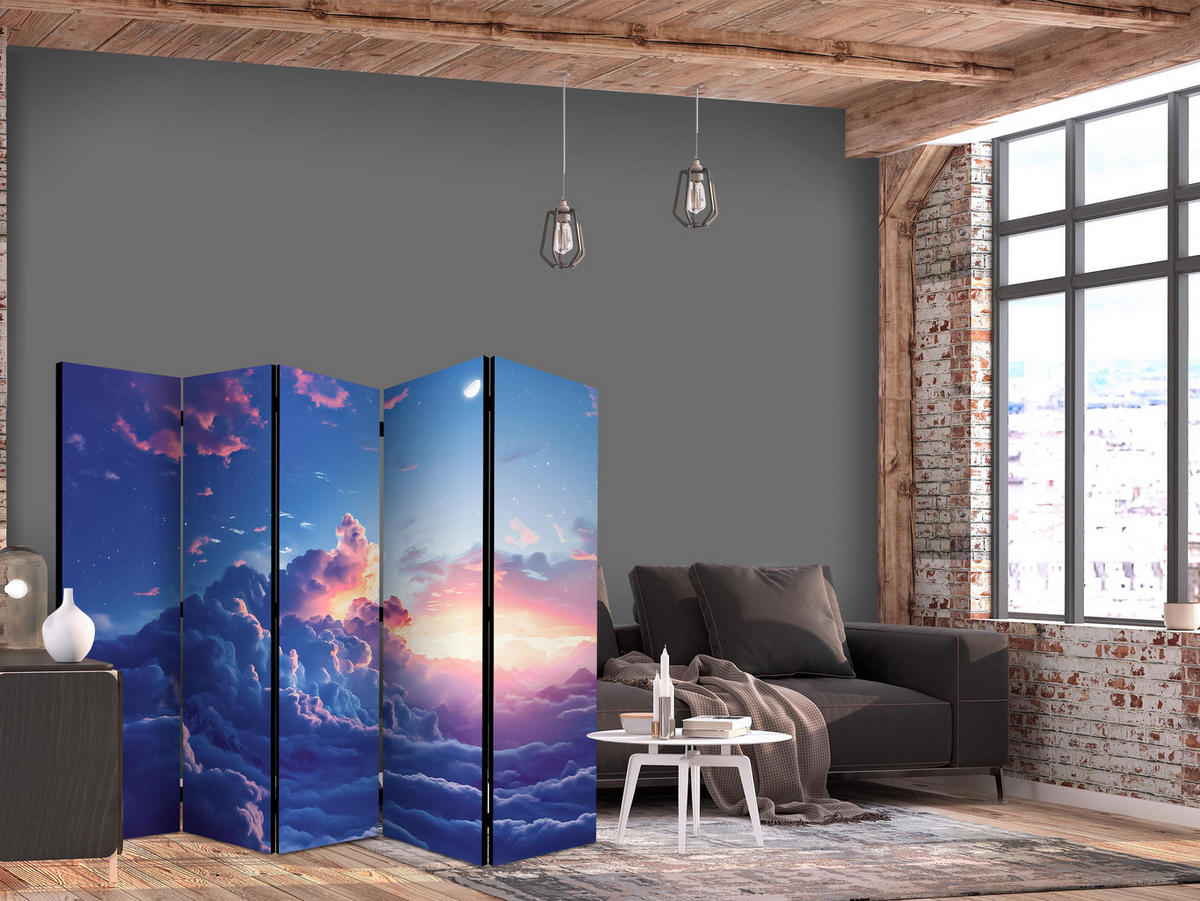 PARAVÁN Jednostranný 5-dielny 225x172 cm Nebo Plné Oblakov - modrá, drevo/textil (225/172/3cm) - Muralo