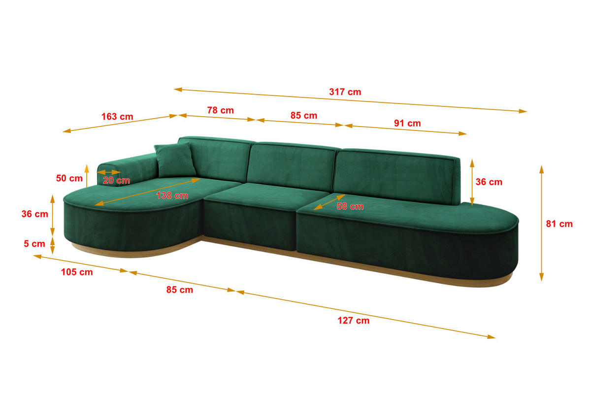 ECKSOFA Ottomane Links MARI-L2-v2 - 328x171x83 cm Grün Velours - Grün, Holzwerkstoff/Textil (328/171cm) - ALTDECOR
