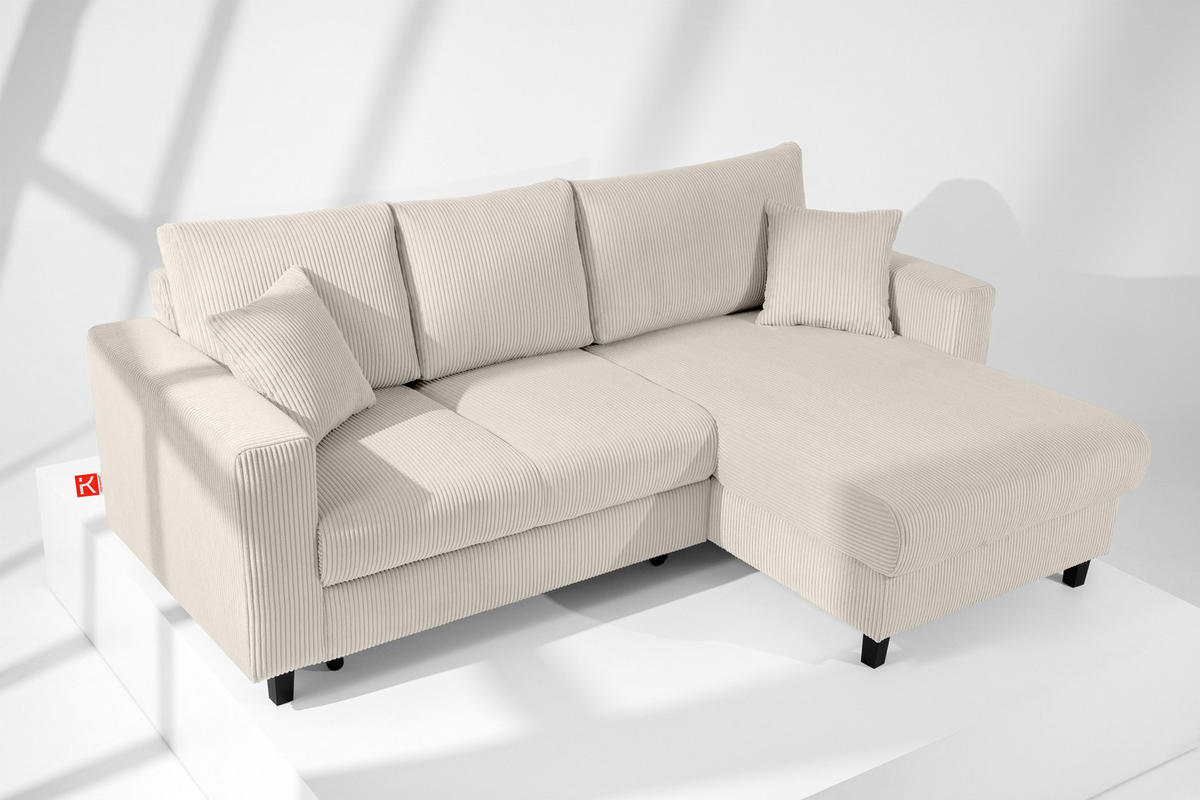 ECKSCHLAFSOFA EGRET Rechts mit Bettkasten, Cord-Stoff, cremefarben - Creme, Textil (234/90cm) - KONSIMO®