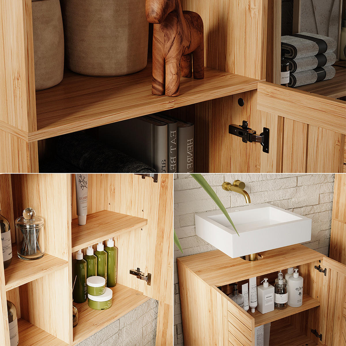 BADMÖBEL-SET Lucie Bambus 3 Teile, mit Hochschrank - Grün, Holzwerkstoff (60/65/36cm) - Vicco