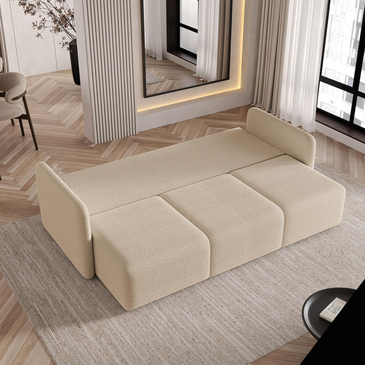 BETTSOFA SUVI III Q Beige Bucle-Stoff mit Schlaffunktion - Beige, Textil (220/85/90cm) - MASSENO