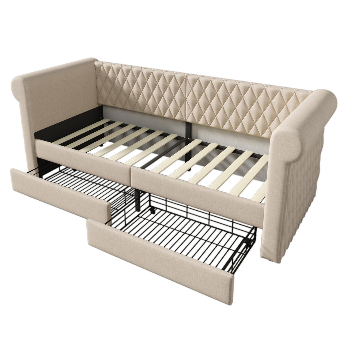 POLSTERBETT 90/200 cm Beige Vintage Kopfteil mit 2 Stauraum Schubladen - Beige, Textil (90/200cm) - OKWISH