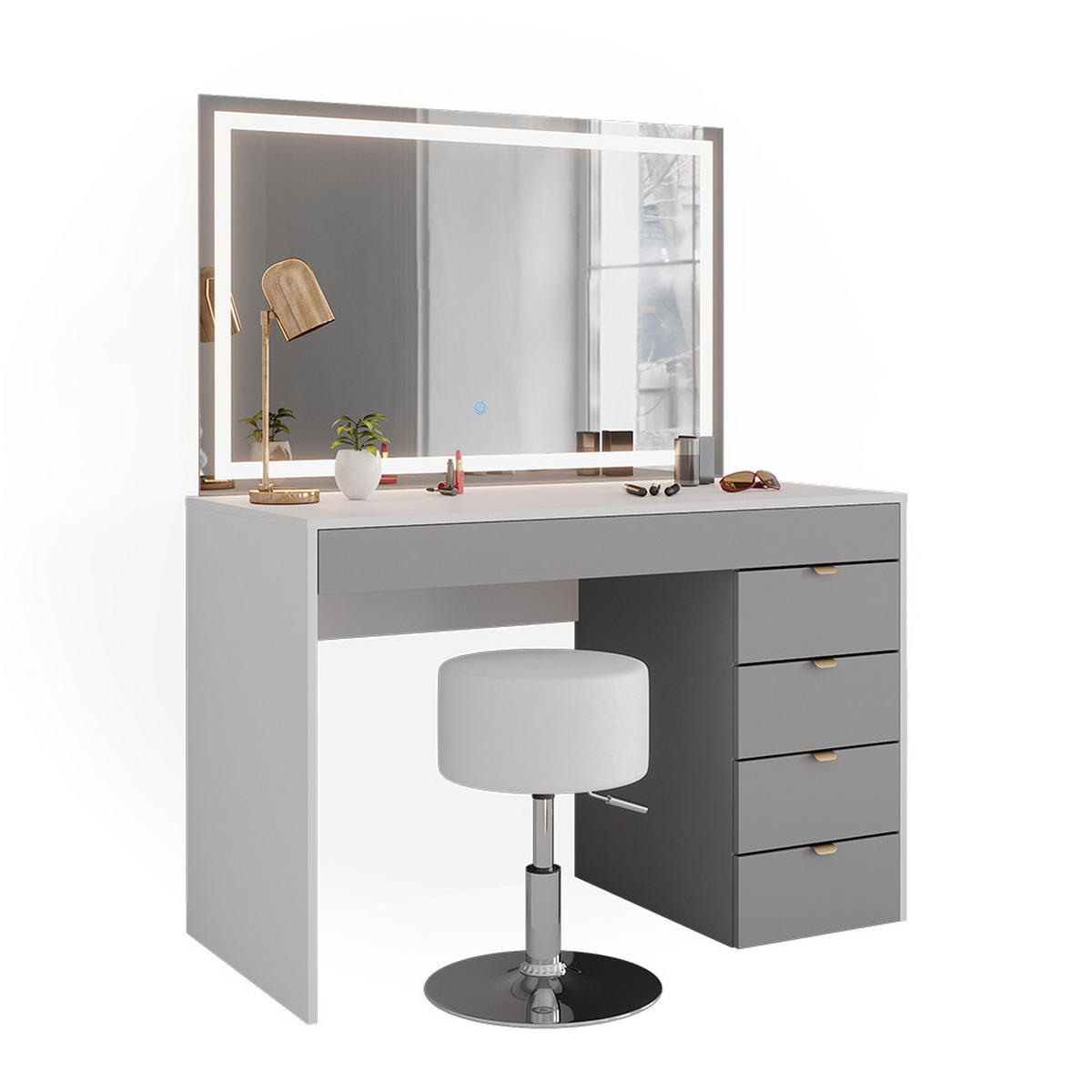 SCHMINKTISCH Elise Weiß/Grau/Grau 115 cm mit LED-Spiegel & Hocker - Weiß/Grau, Holzwerkstoff (115/76/55cm) - Vicco