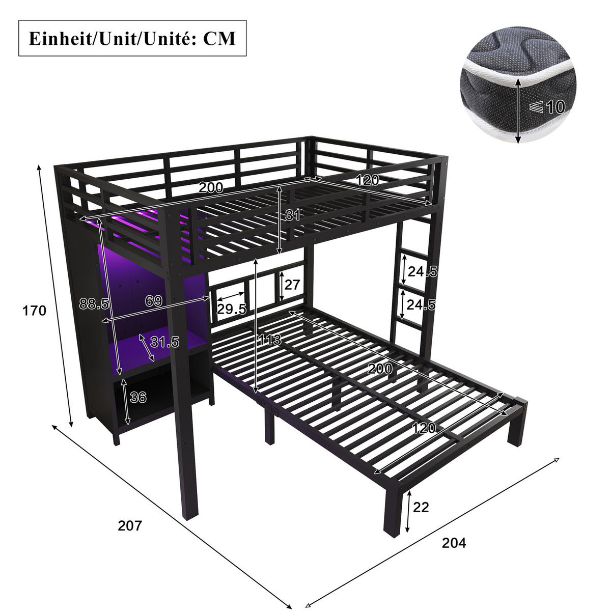 ETAGENBETT aus Metall und Holz 120x200 cm Schwarz mit Kleiderschrank und LED-Beleuchtung - Schwarz, Metall (120/200cm) - Modfu