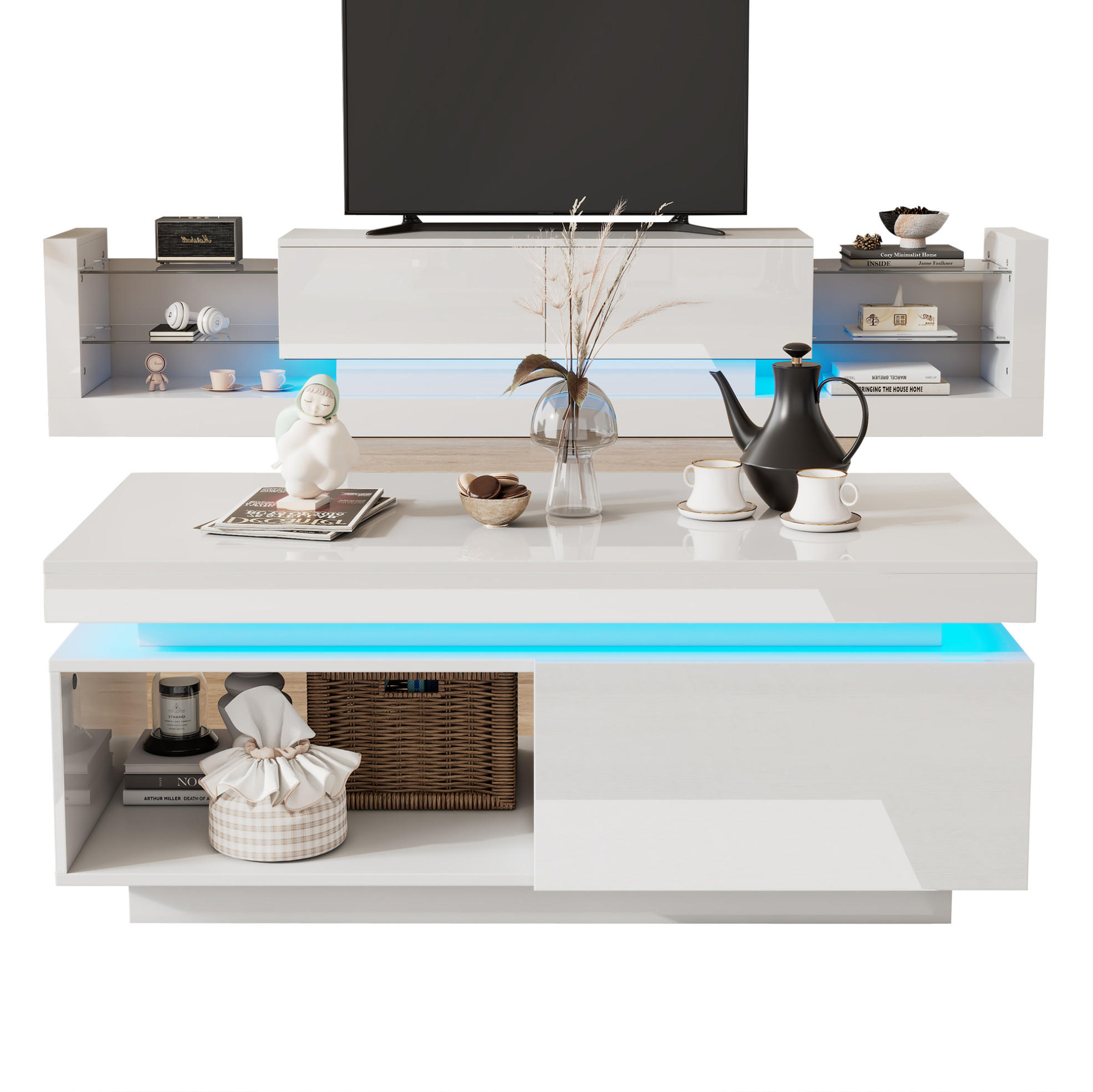 LOWBOARD 181/38/38 cm und 100/50/40.3 cm Weiß aus Spanplatte mit LED-Beleuchtung - Weiß, Holzwerkstoff (50/40/100cm) - OKMYHOME