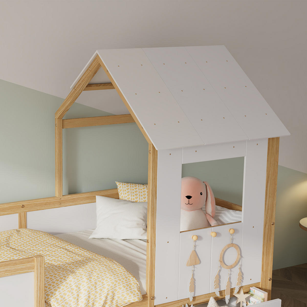 HAUSBETT 90/200 mit Dach, 4 Schubladen und kleiner Treppe in Weiß und Natur - Weiß/Naturfarben, Holzwerkstoff (90/200cm) - EVRYAE