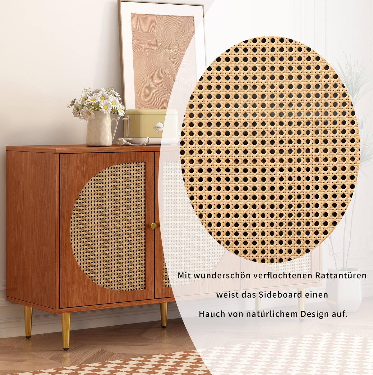 SIDEBOARD 129,8/40/76 cm in Walnuss mit Rattanfront und 3 Türen - Walnussfarben, Holzwerkstoff (129.8/76/40cm) - Flora Grace
