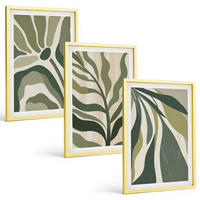 BILDER SET 3er Set - 40x60 cm Goldrahmen - Illustrationen gemalter grüner Blätter - Goldfarben, Kunststoff (40/60cm) - TULUP