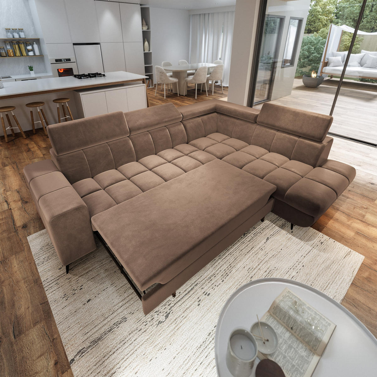 ECKSOFA MORIVA R-S Beige Velours-Stoff mit Schlaffunktion - Beige, Holz (253/190cm) - MASSENO