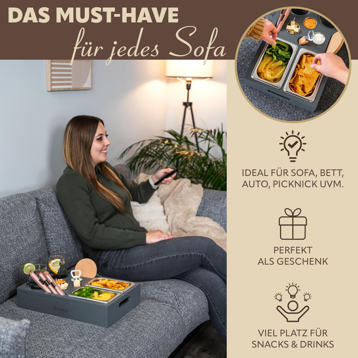 COUCHBAR mit abnehmbarem Deckel, Bambus, grau - Dunkelgrau, Holz (27.5/8/40cm) - eluno