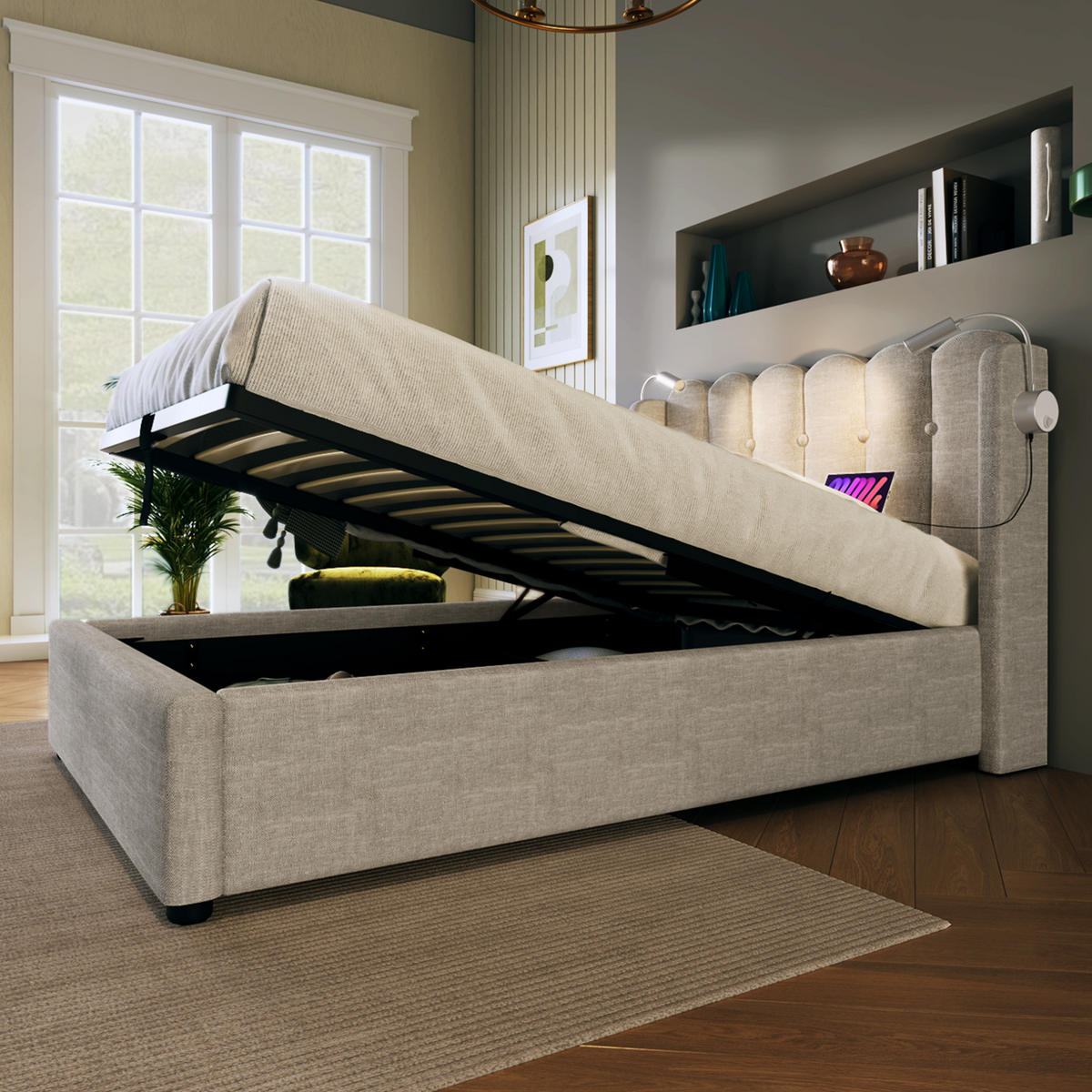POLSTERBETT 90/200 cm mit hydraulischem Bettkasten, Leselicht & 2 USB-Anschluss, Natur - Naturfarben, Textil (90/200cm) - Redom