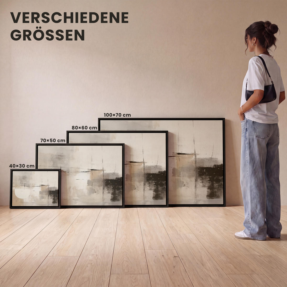LEINWAND Bilder mit Rahmen - Abstrakt - Kunst - Grau - 100x70 - Hellgrau, Textil (100/70cm) - MuchoWow