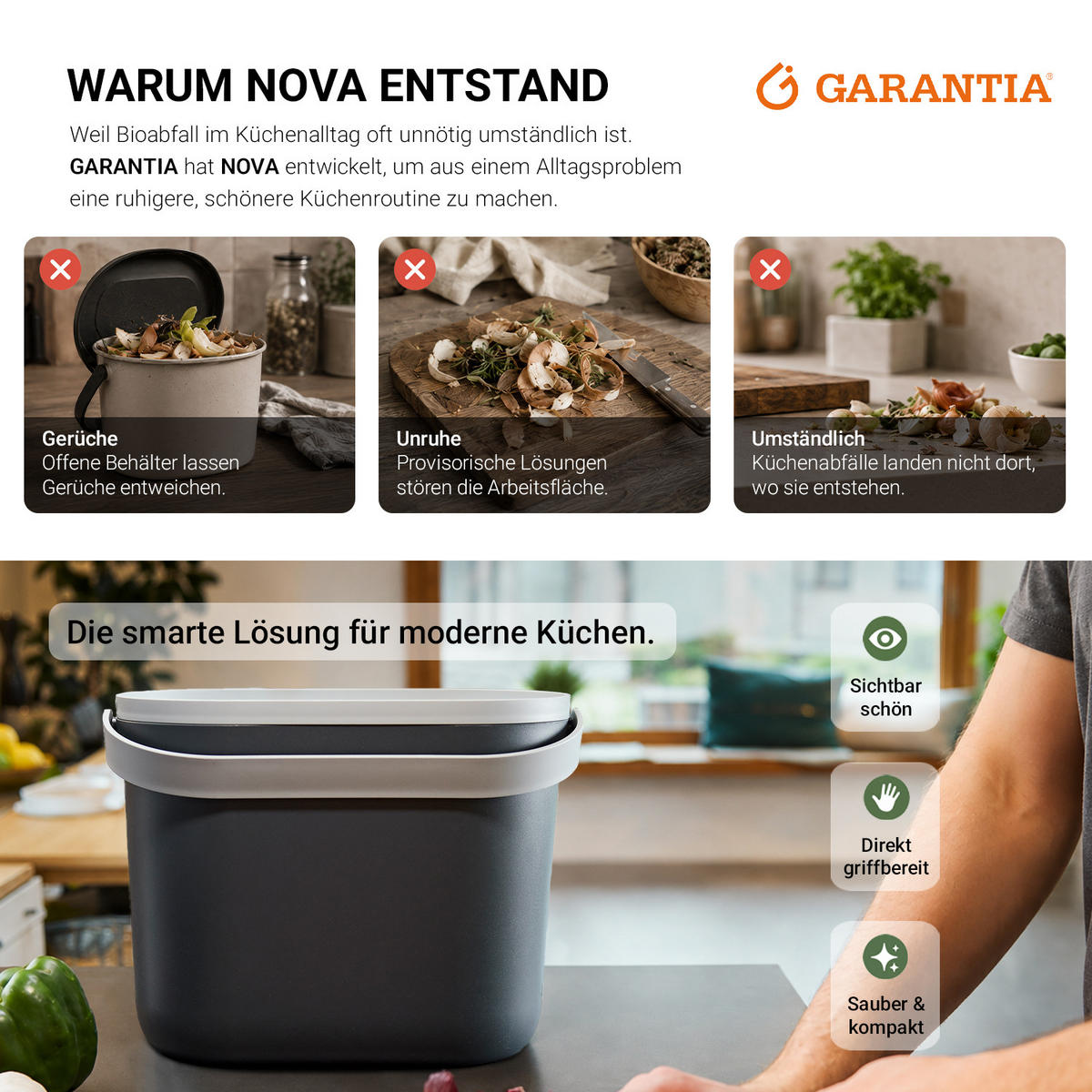 BIOMÜLLEIMER 8 L, graphite grey / steingrau - Hellgrau/Grau, Kunststoff (16/25/31cm) - GARANTIA