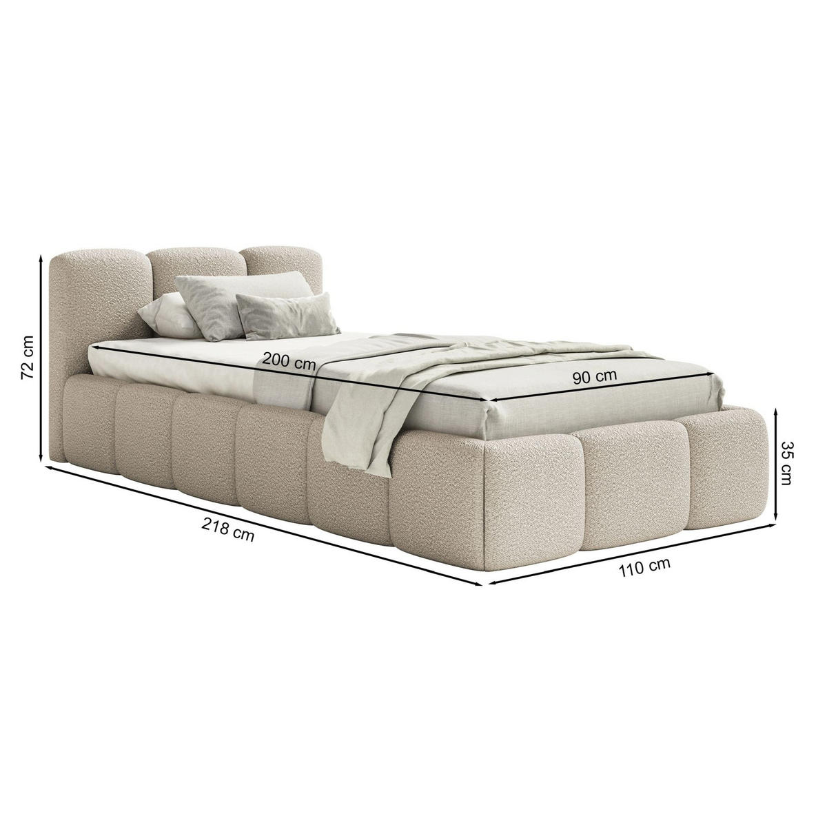 POLSTERBETT Cloudy Low Hellbeige Bouclé, 90x200 cm - Ecru/Schwarz, Kunststoff/Textil (90/200cm) - Selsey