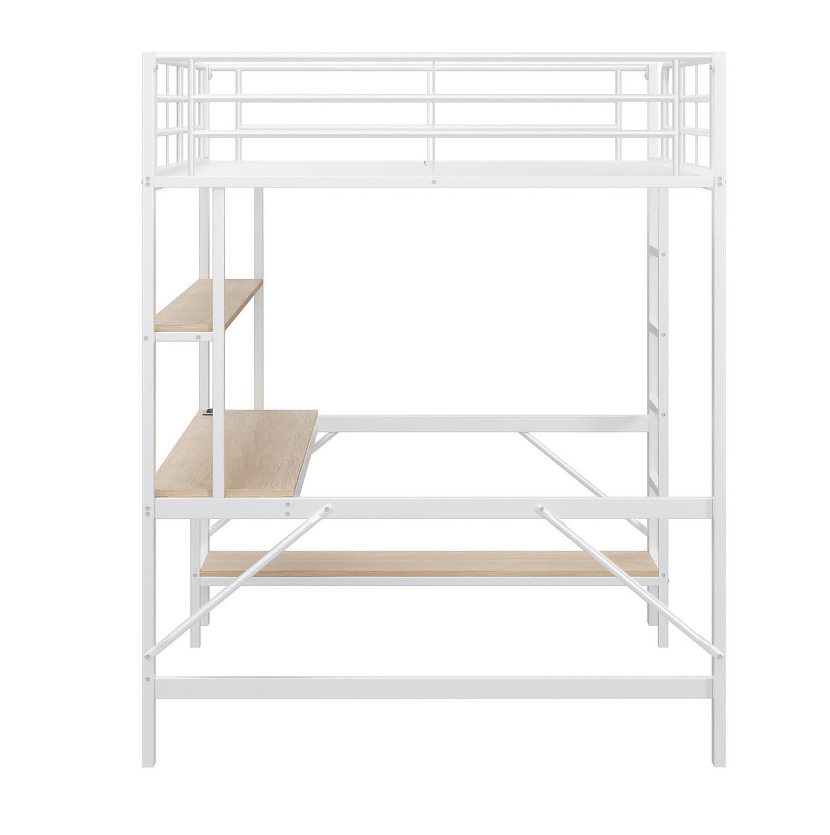 HOCHBETT aus Metall und MDF 140x200 cm Weiß mit USB, Steckdose, LED-Licht, Schreibtisch und Regal - Weiß, Metall (140/200cm) - Modfu