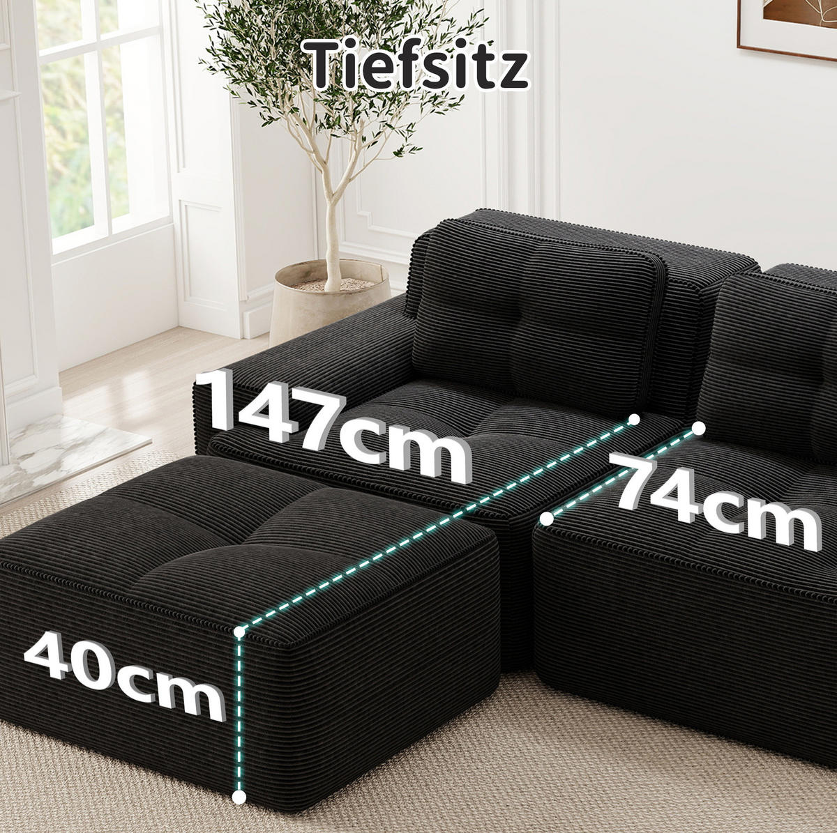 3-SITZER Sofa montagefrei mit Tiefsitz, Cordbezug und rutschfester Basis, Schwarz - Schwarz, Textil (293/69/177cm) - Redom