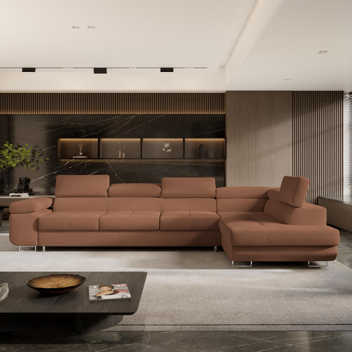 ECKSOFA VICENTE Kupferfarben Boucle-Stoff mit Schlaffunktion - Kupferfarben, Holz (346/202cm) - MASSENO