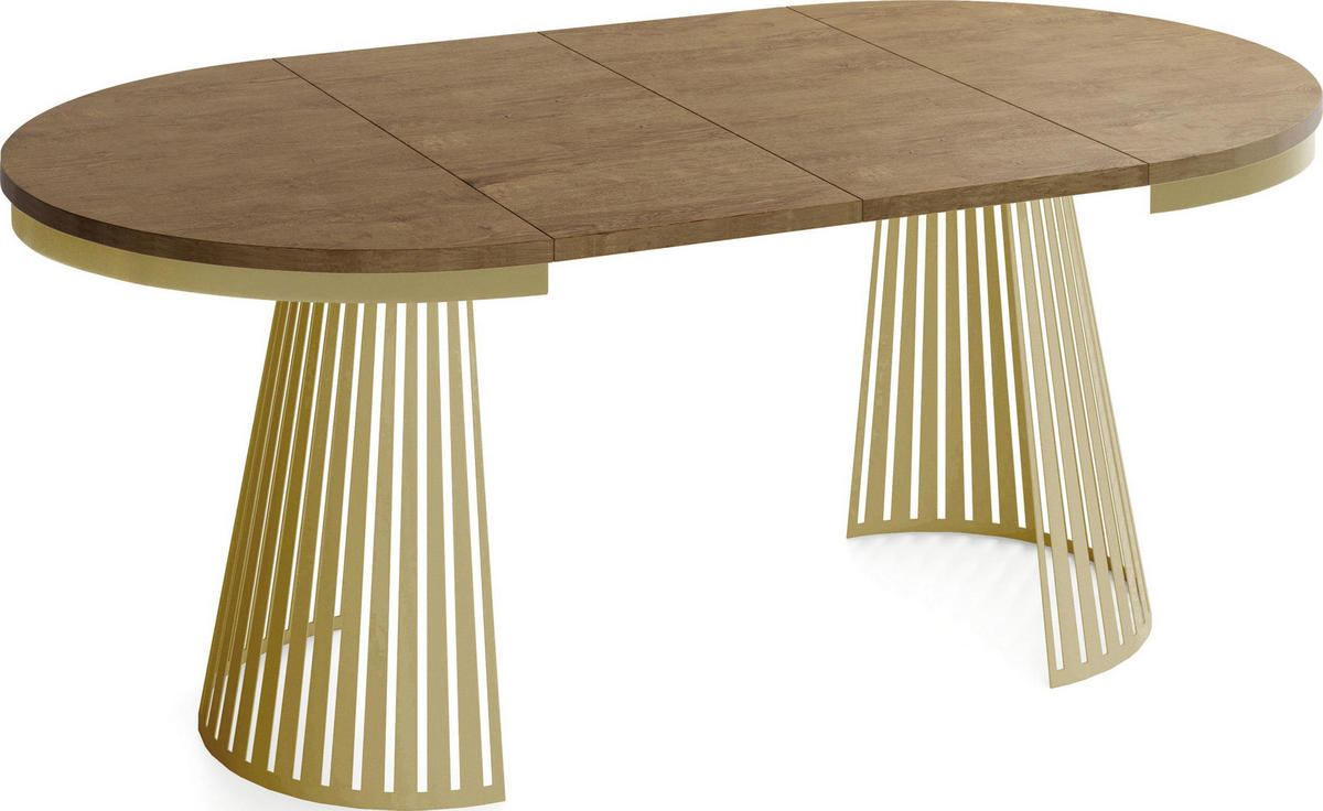 ESSTISCH Naro rund ausziehbar mit Goldem Lamellen-Metallgestell, Eiche Braun Rustikal 120-200/120/76 cm - Alteiche/Goldfarben, Holzwerkstoff/Metall (100/200/76cm) - WFL GROUP