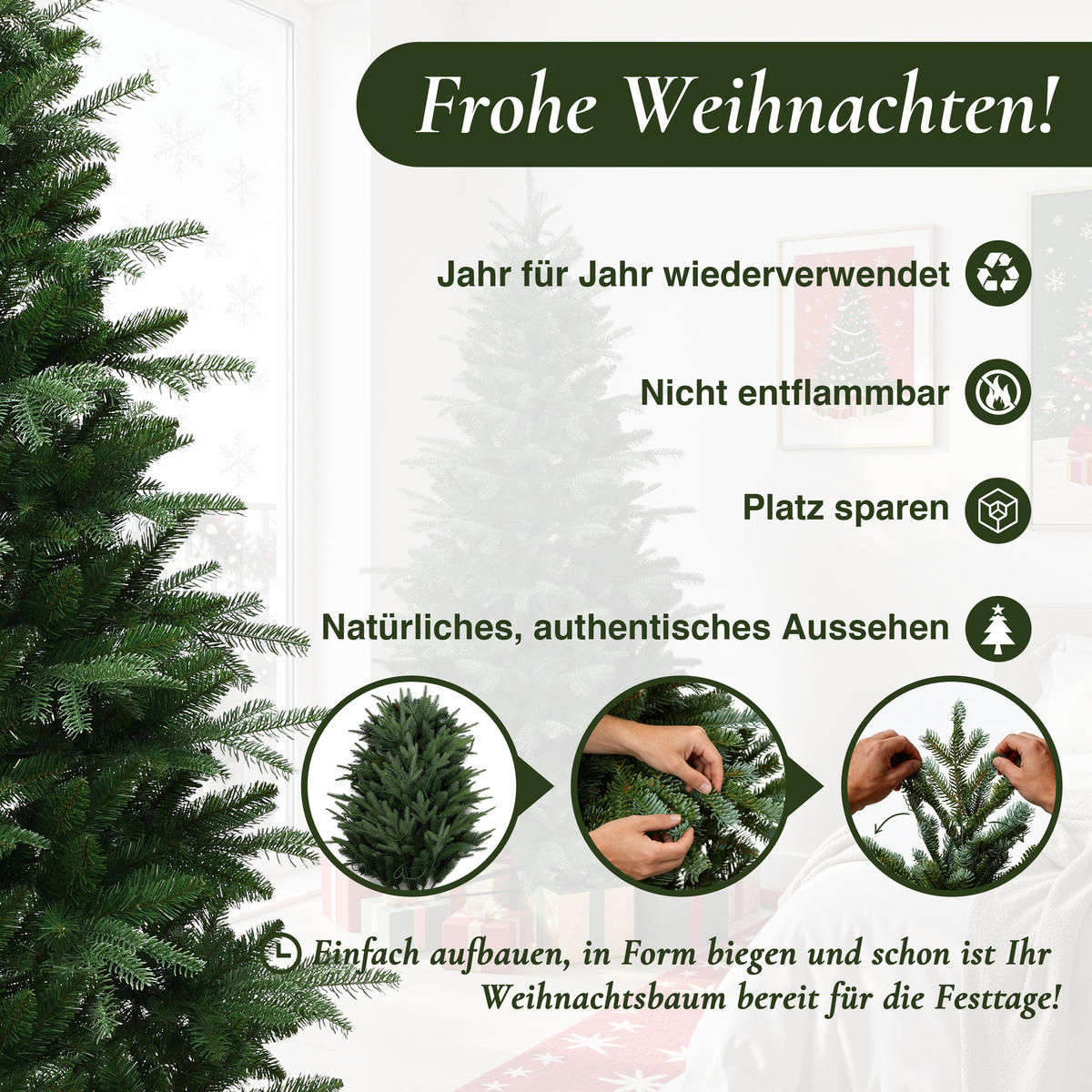 KÜNSTLICHER Weihnachtsbaum 180 cm, Naturgrün mit Metallständer - Grün, Kunststoff (180cm) - Hometopia
