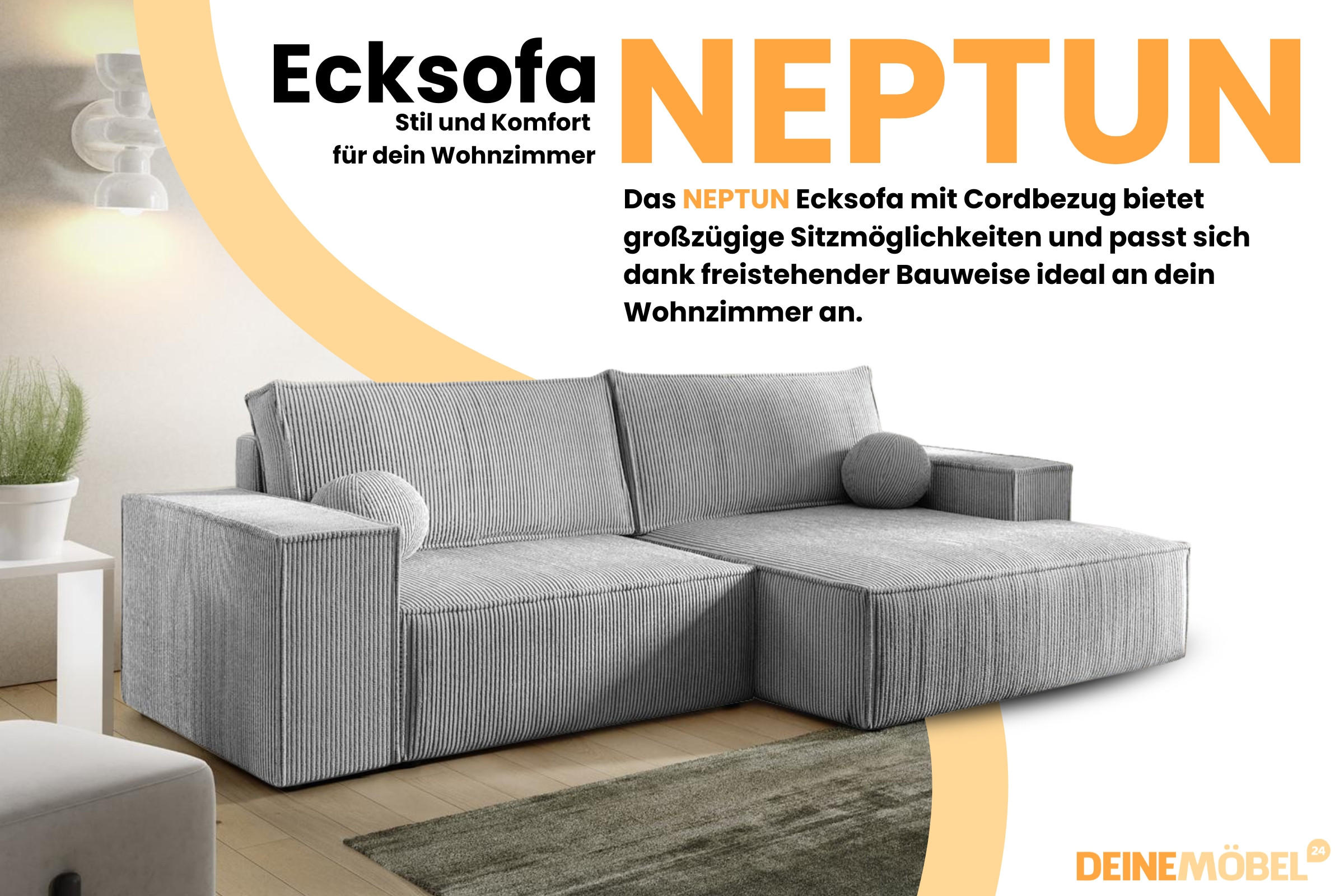 ECKSOFA NEPTUN 255/148 in Cord Hellgrau rechts - Hellgrau, Holz/Holzwerkstoff (255/148cm) - Deine Möbel 24