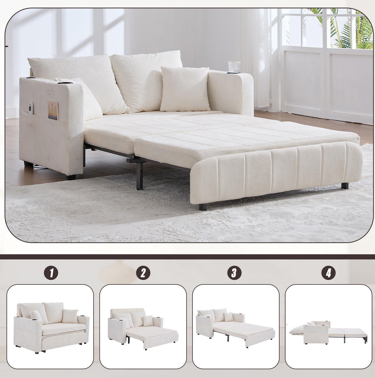 SCHLAFSOFA 139/83/58 cm ausziehbar mit Bettfunktion, Armlehnentaschen und Chenille-Bezug, Beige - Beige, Textil (139/83/73cm) - Redom