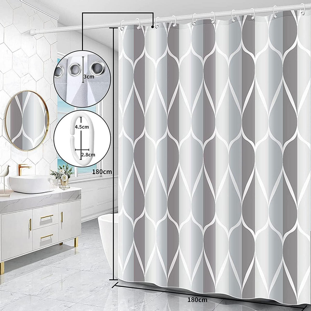DUSCHVORHANG Polyester antibakteriell schimmelresistent wasserdicht mit Ringen und Verschluss - Grau, Textil (180/180cm) - MCBOSON