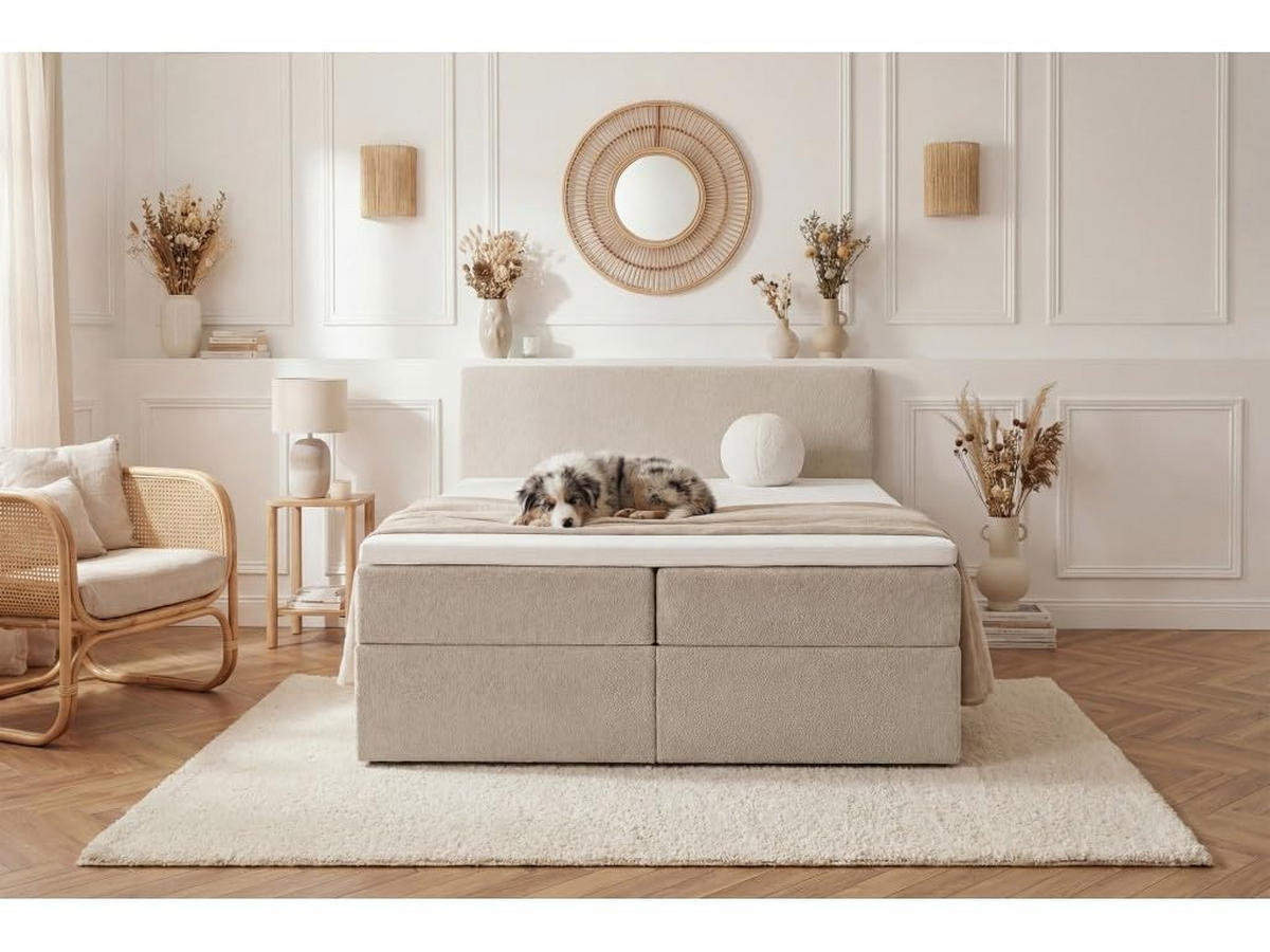 BOXBETT 160x200 cm, QUELLE, Bettkästen mit seitlicher Öffnung, Bouclé-Stoff, Beige - Beige, Holz/Kunststoff (160/200cm) - Trada