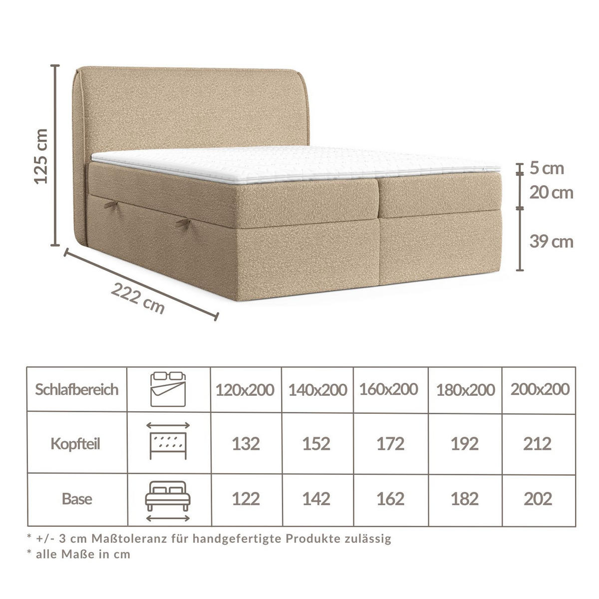 BOXBETT Organic Dunkelbeige 180/200 cm mit Bonellmatratze und Topper - Beige/Schwarz, Holz/Holzwerkstoff (180/200cm) - Maison de Reve