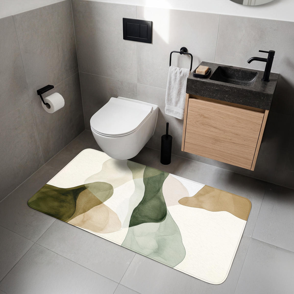WC-VORLEGER Japandi - Abstrakt - Grün WC Teppich 120x60 cm - Grün, Kunststoff/Textil (120/1cm) - OnlyWow
