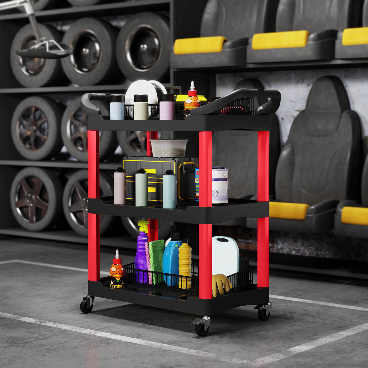WERKSTATT-ROLLWAGEN mit 3 Etagen, Werkzeugwagen mit Griff, Hakenlöchern Schwarz - Schwarz, Kunststoff (43/97/83cm) - HOMCOM