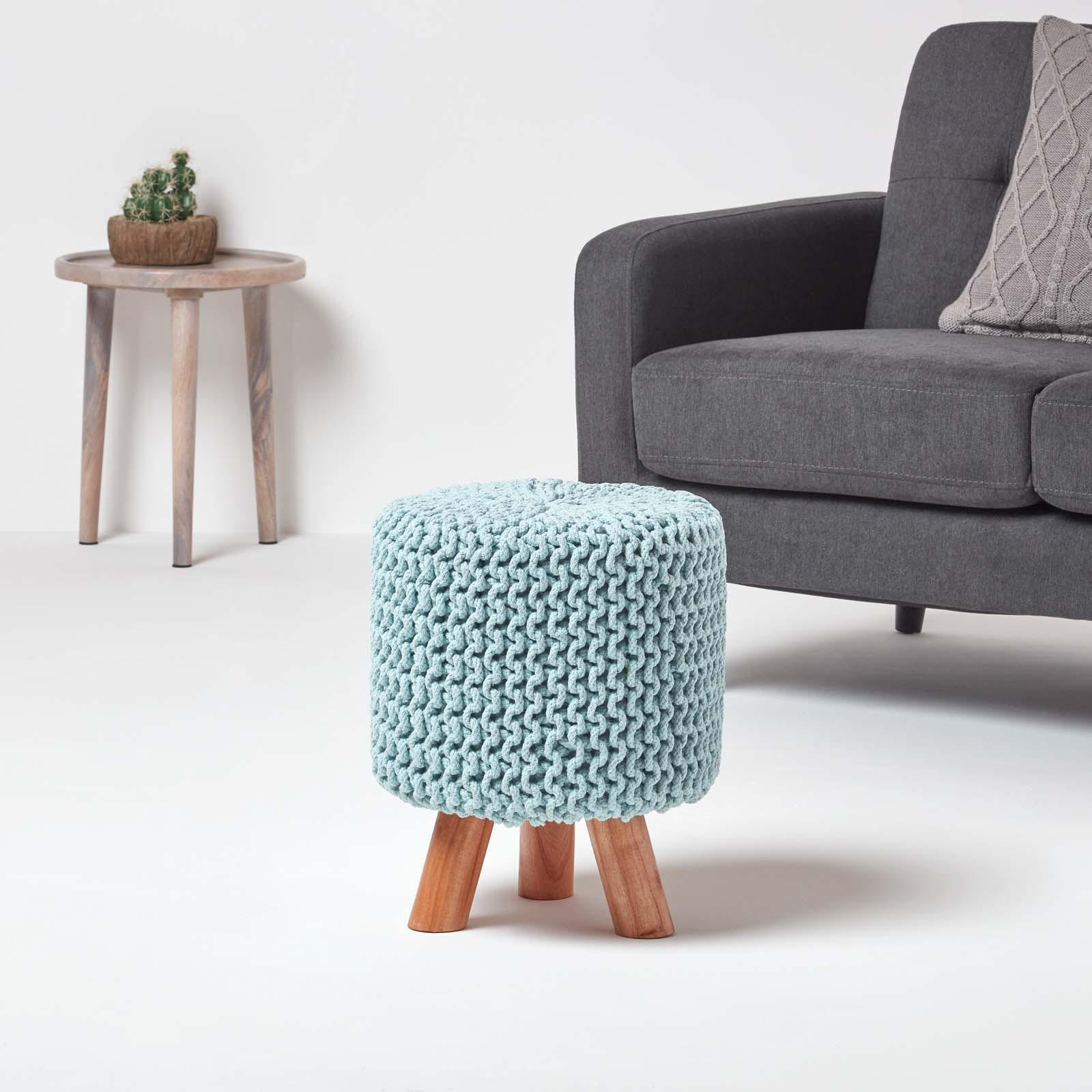 STRICK-HOCKER pastellblau, Dreibein 32/32/42 cm - Hellblau, Textil (32/42/32cm) - Homescapes